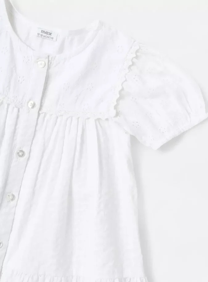 Schiffli Detail Seersucker Tiered Cotton Dress-3