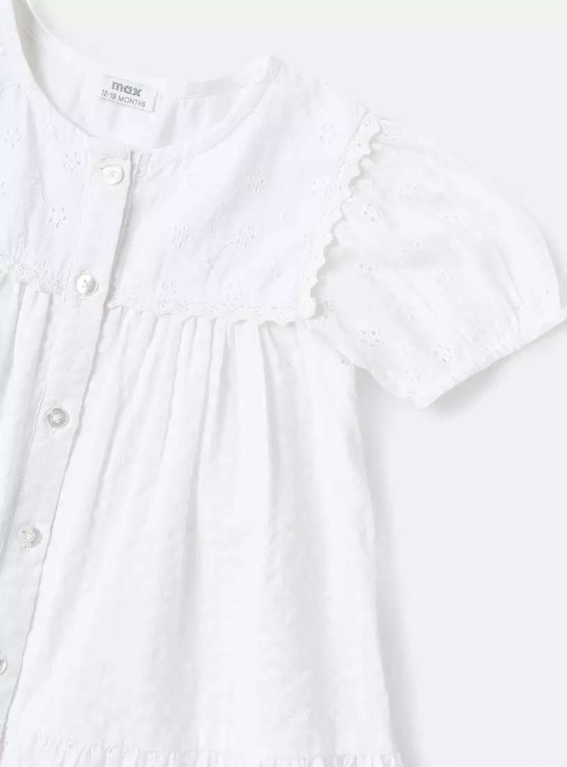 Schiffli Detail Seersucker Tiered Cotton Dress-3