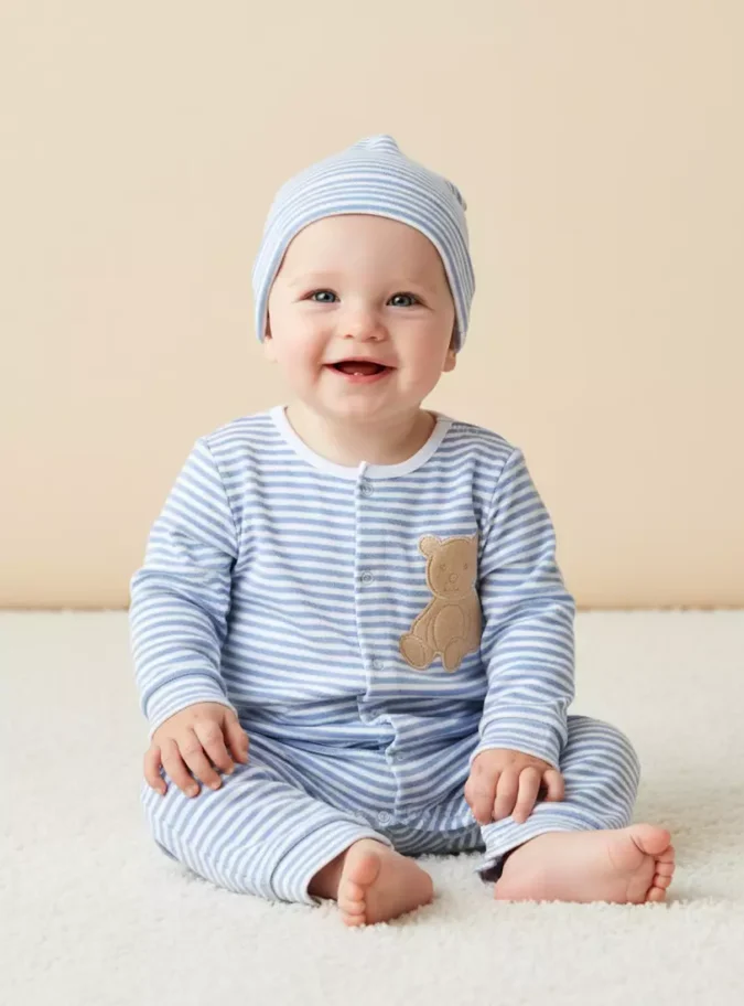 Striped Velour Sleepsuit with Cap-1