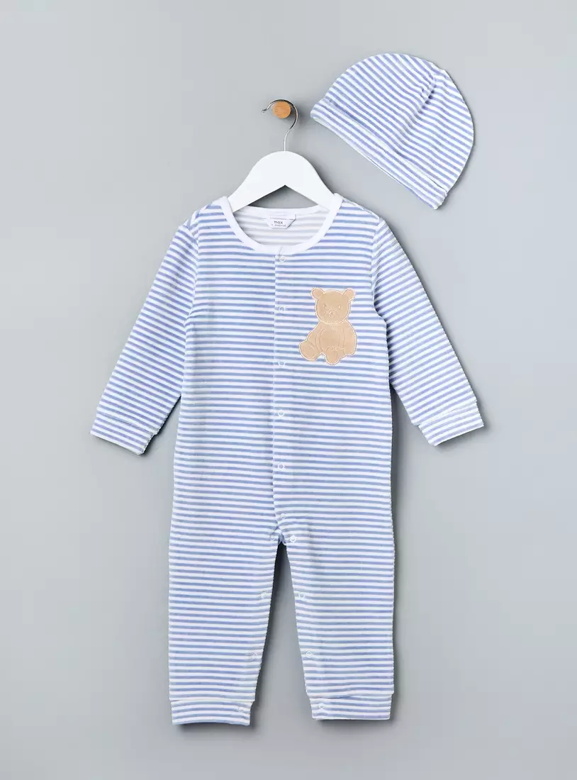 Striped Velour Sleepsuit with Cap-2