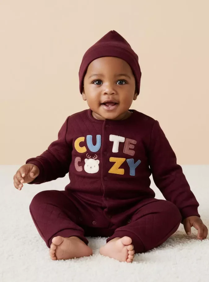 Textured Velour Sleepsuit with Beanie Cap-1