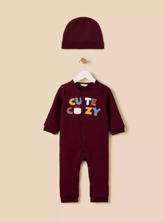 Textured Velour Sleepsuit with Beanie Cap-2